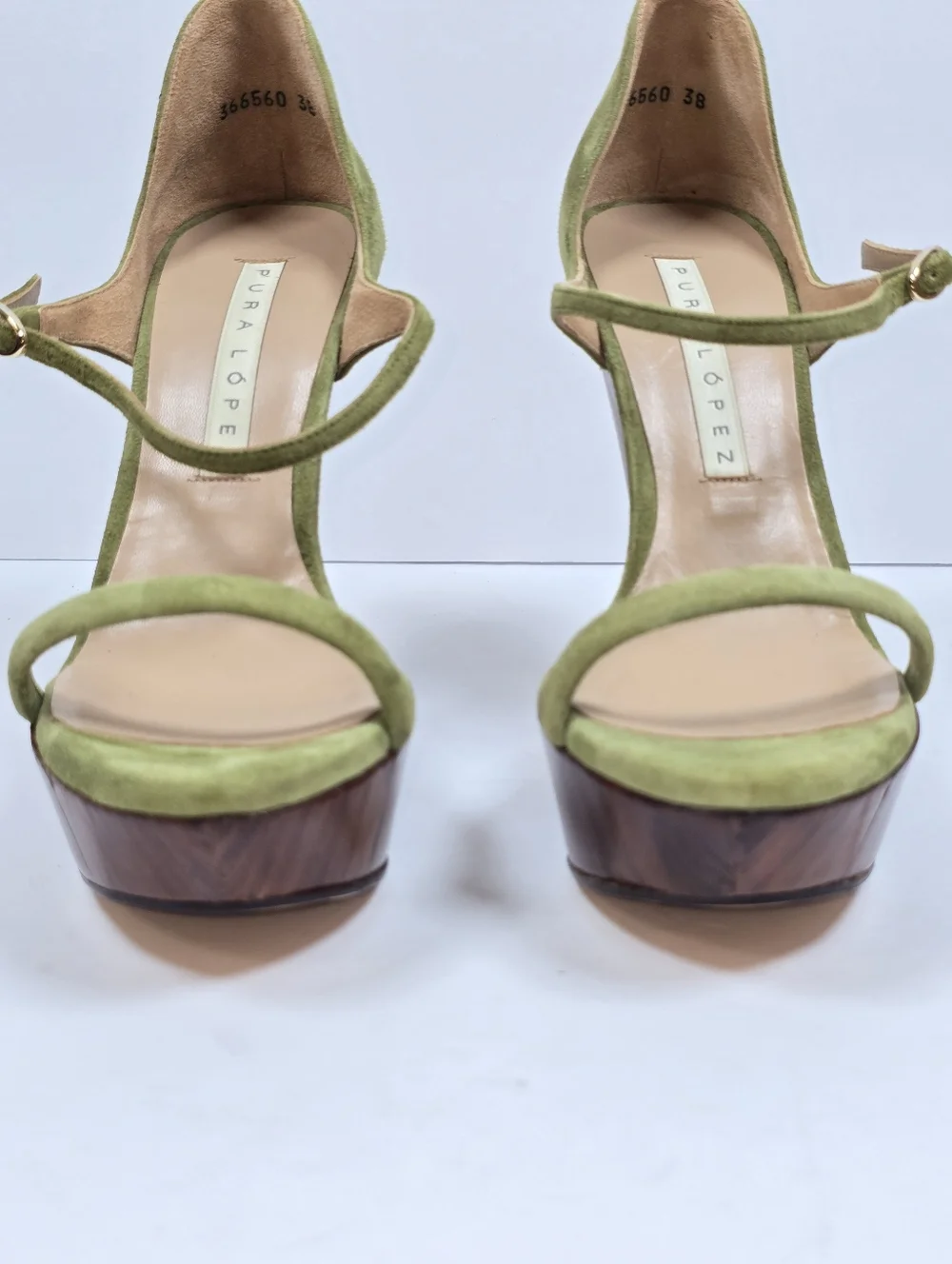 Pura Lopez Green Suede Countour Wood Wedge Platform Sandals Ankle Strap 38 - Picture 9 of 14